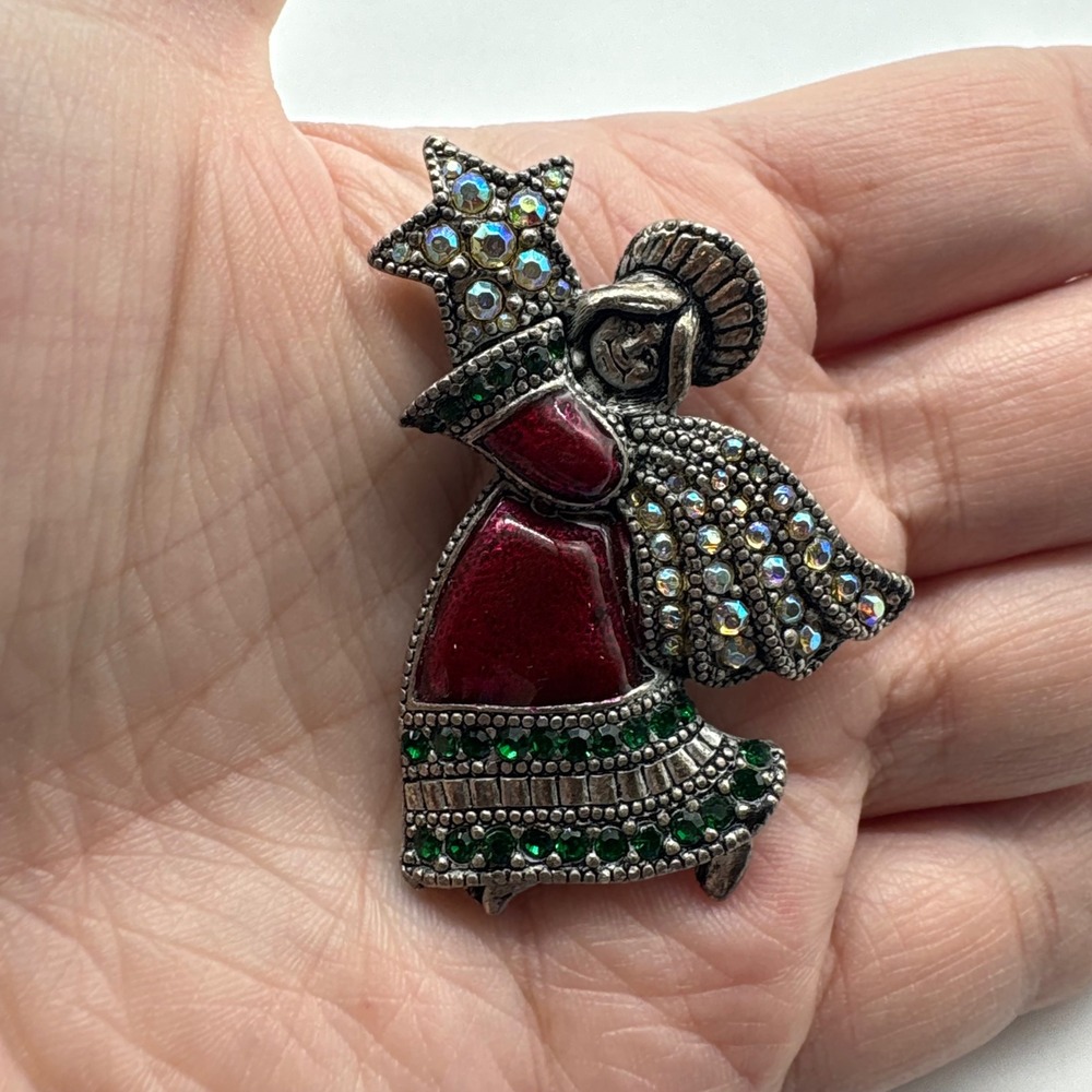 OTC Vintage Angel Brooch Pin Red‎ Enamel Green Rhinestone Star Silver Tone